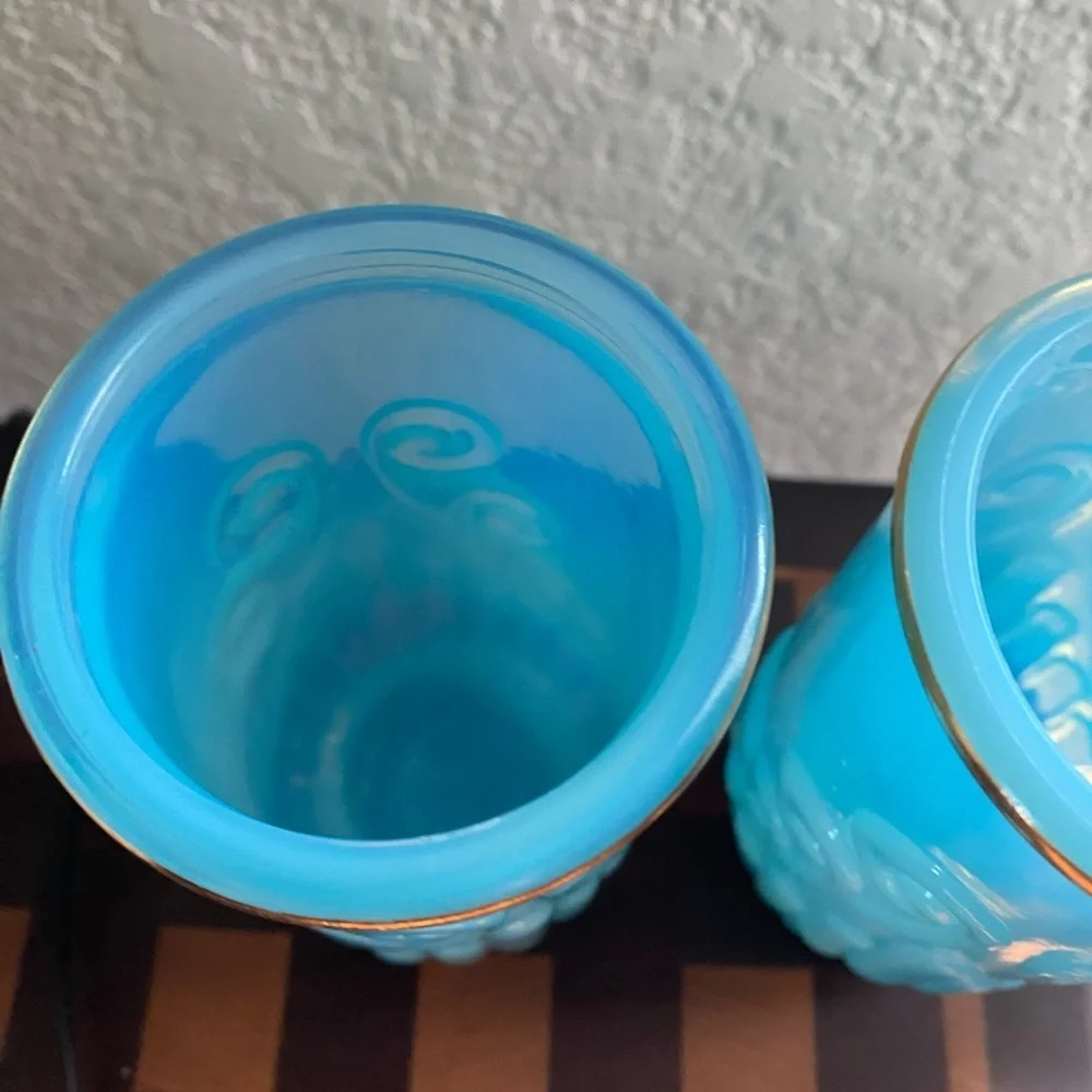 2 Vintage Avon Bristol Blue Milk Glass Embossed Art Deco Scroll Vanity Vases 5”